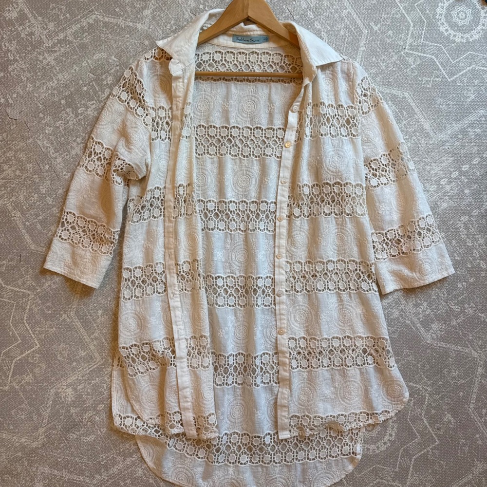 Solitaire Swim Cover Up Womens Large White Crochet Lace Embroidered Button Front